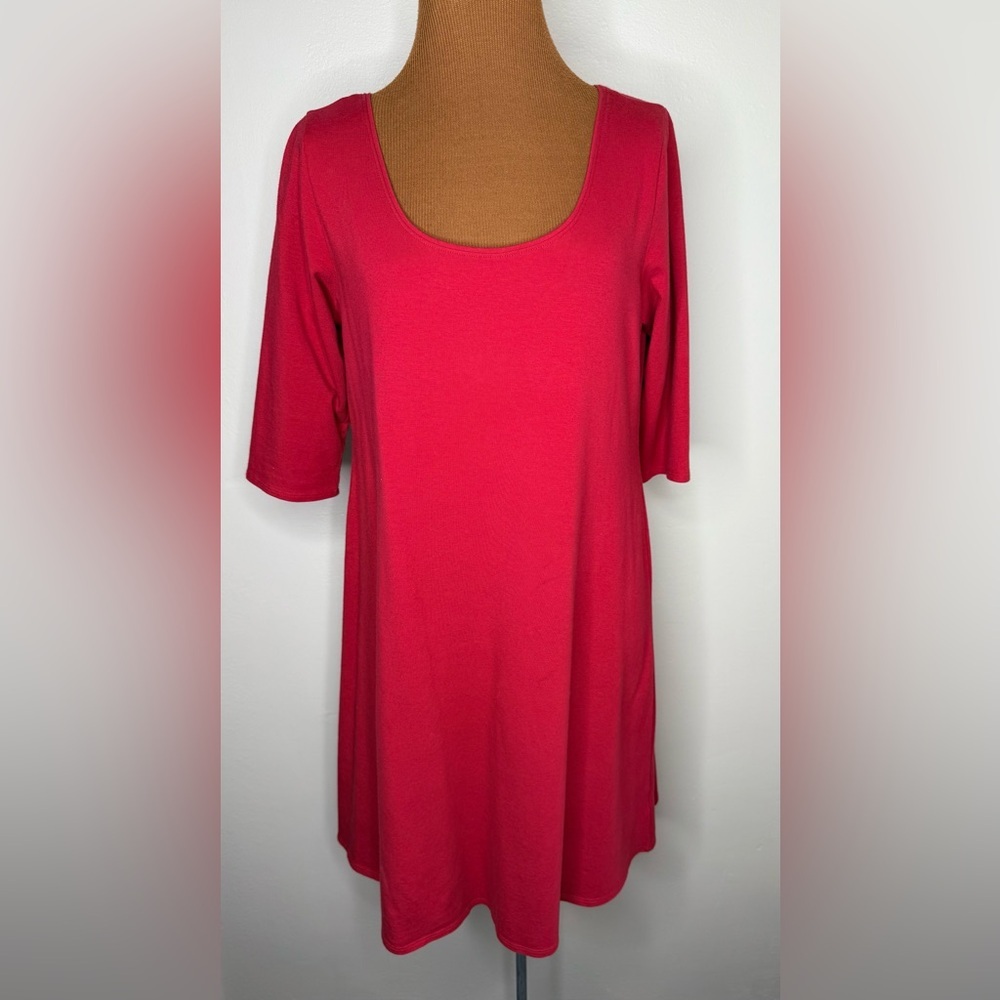 Eileen Fisher Vibrant Red Tunic Dress Organic Cotton Scoop Neck Size Medium - Picture 2 of 9